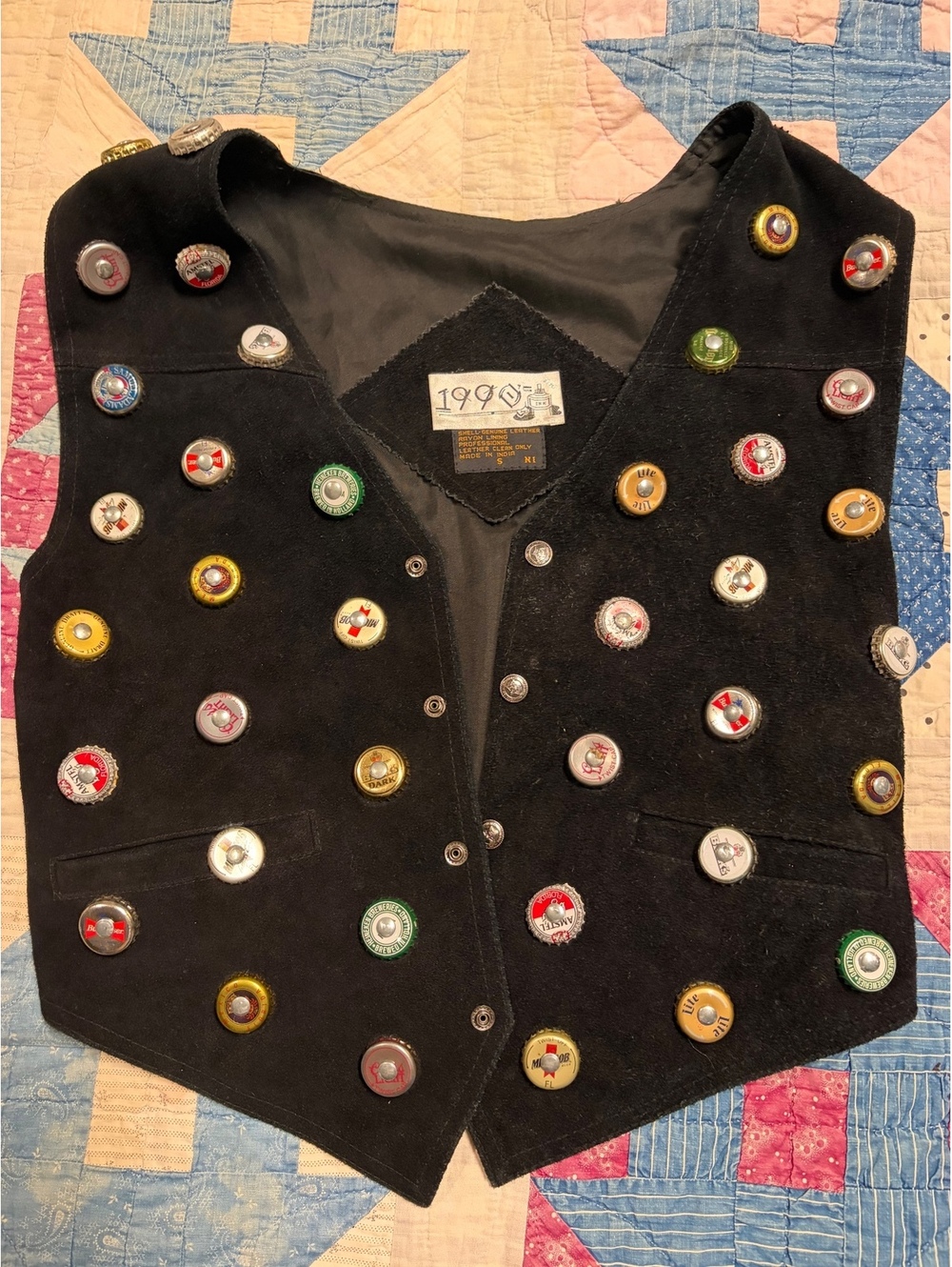 Vintage 1990s Suede Leather Vest Custom Bottle Cap Beer Art Y2K Grunge Small